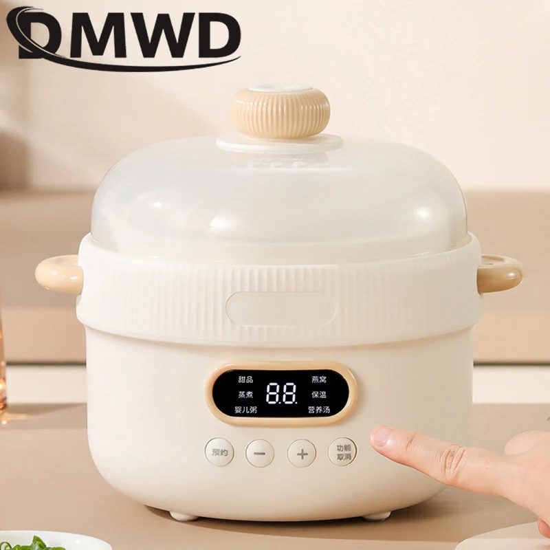DMWD 1L Electric Slow Cooker Warer Stew Baby Porridge Ceramic Cooking Pot Soup BirdsNest Food Eggs Steamer Breakfast Machine