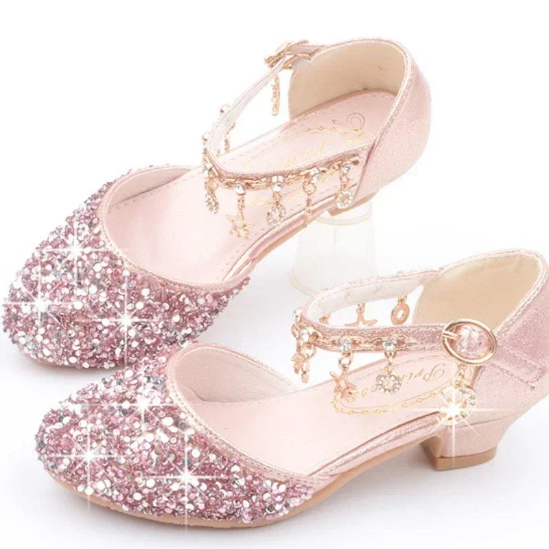 Fashion Kid Leather Summer Sequin Princess Crystal High Heel Sandals Mary Jane Girl Shoes leather shoes mary jane shoes girls shoes girls sandals girls high heel shoes
