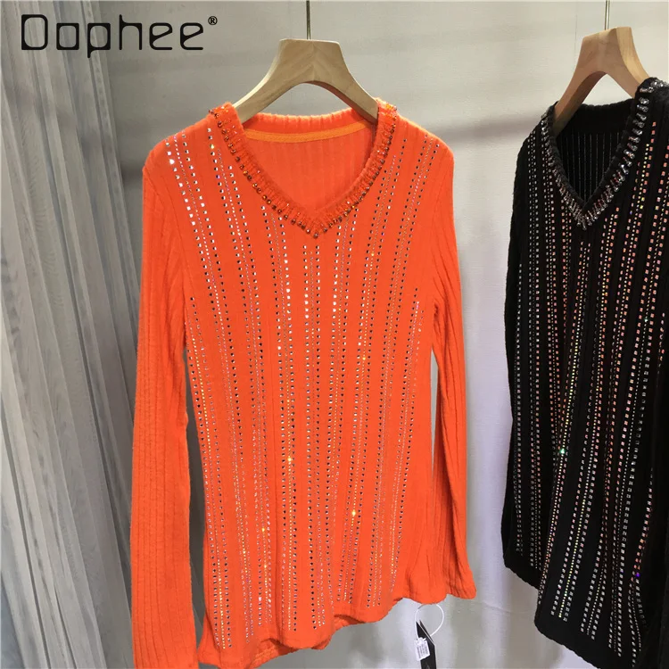 

European Orange Rhinestone Sweater Female 2024 Spring New Slimming V-Neck Hot Drilling Brushed Slim Fit Long Sleeve Knitwear Top