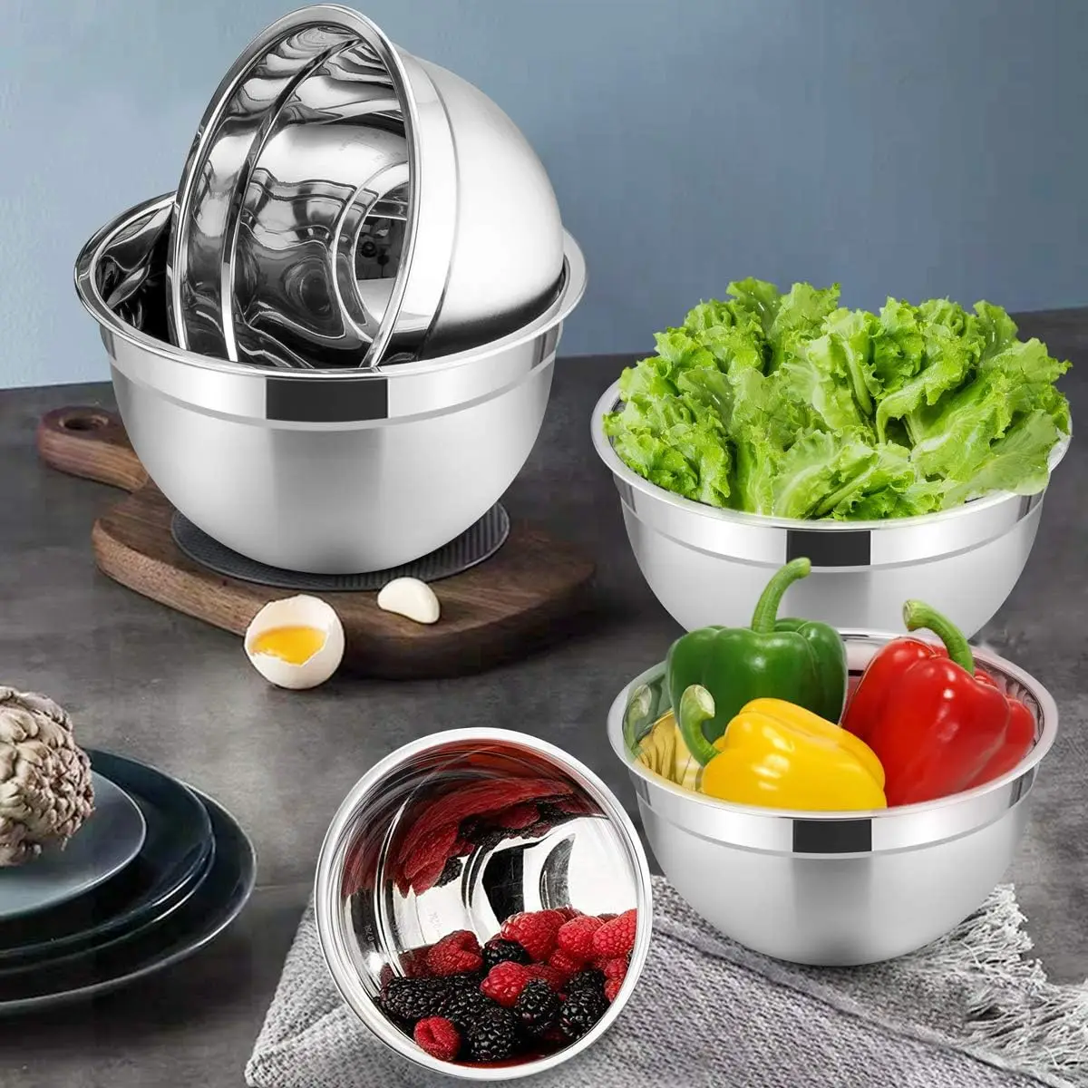 Set Ciotole Acciaio Inox 6 Pezzi Con Coperchi Ermetici E Accessori – Impilabili, Antiscivolo, Multiuso Per Impastare, Insalate E Conservare (Capienze Da 1,2L A 6,5L)