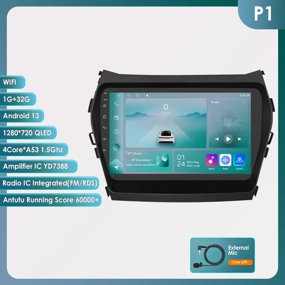 thumbnail image 1 of Reproductor multimedia para coche Hizpo de 9 pulgadas, radio para coche CarPlay para Hyundai IX45 SantaFe 3 2013-2017 UI7862, sistema de inteligencia estéreo automático, 1 of 5