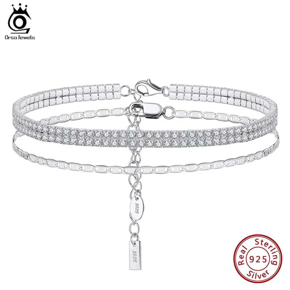 ORSA JEWELS Double Layer 4.5mm Tennis Foot Bracelet 925 Silver Silver Paperclip Foot Chain Anklets Iced Out Shiny Zircon SSA03