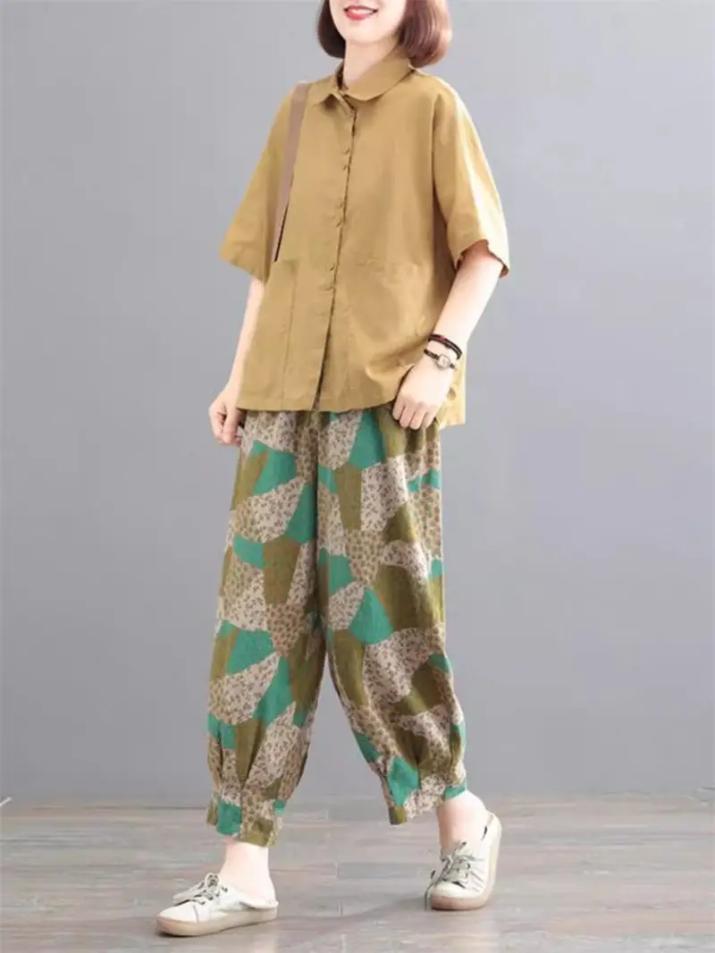 Colletto Della Camicia Manica 3/4 Top E Pantaloni Set Di Due Pezzi Per Donna 2024 Abbigliamento In Lino Di Cotone Retrò Vestito Casual Versatile K399