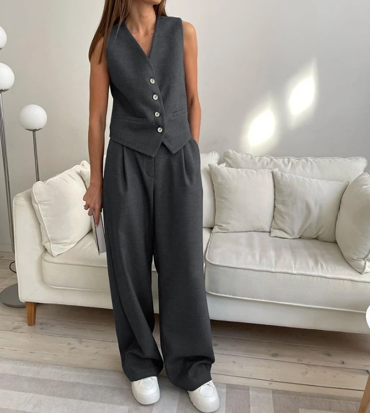 2023 Women's 2 Piece Set Sleeveless Vest Set Fashionable and Versatile Solid Color V-Neck Loose Casual Daily Commuting Pants Set летний мужской sleeveless хлопок спорт футболки большого размера loose мужская vest cut плечо футболка дышащий absorb пот случайный