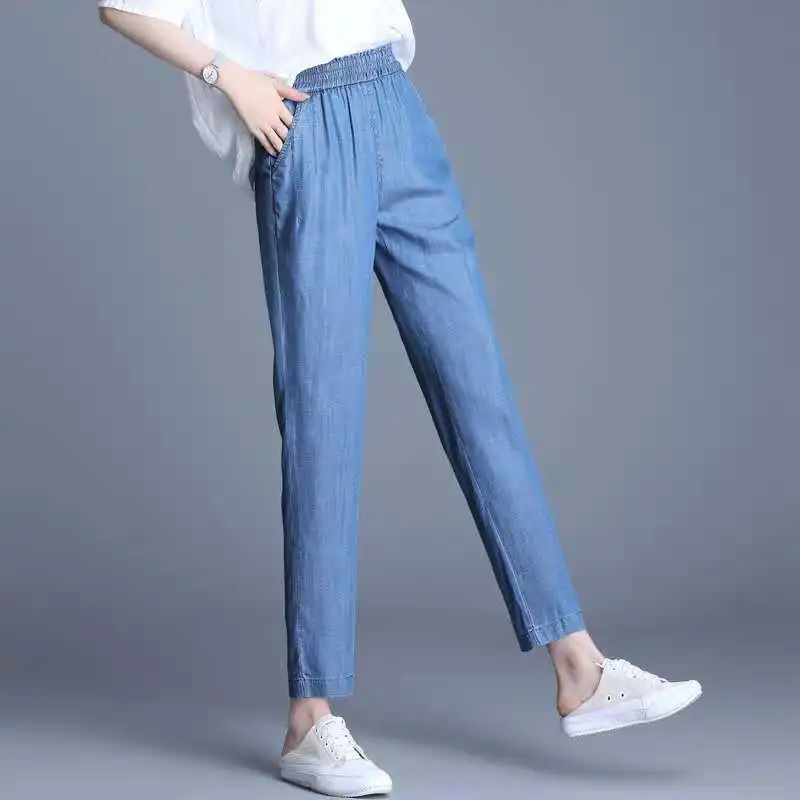 2023 New Summer Fashion Simple Elastic High Waist Thin Panel Pocket Casual Loose Solid Color Women's Versatile Ice Harlan Pants