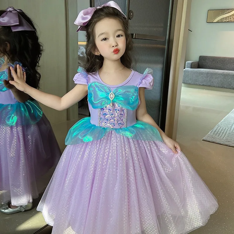 Girl's Sequin Mermaid Princess Dress 2024 Summer New Girl's Fashionable Short Sleeved Dress Birthday Dress