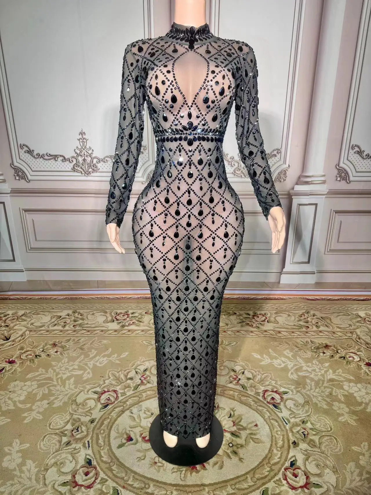 

PerformanceCostumePartyDress Rhinestone Long Dress Perspective Stage Women Sexy Black Long Sleeve Half High Neck Mesh