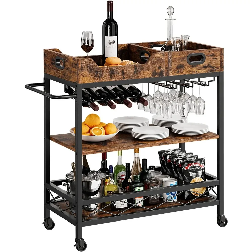 

3 Tier Bar Carts for The Home Cart Shelf Wine Rack Glasses Holder Kitchen Furniture Two Portable Trays Storage Trolley Hand