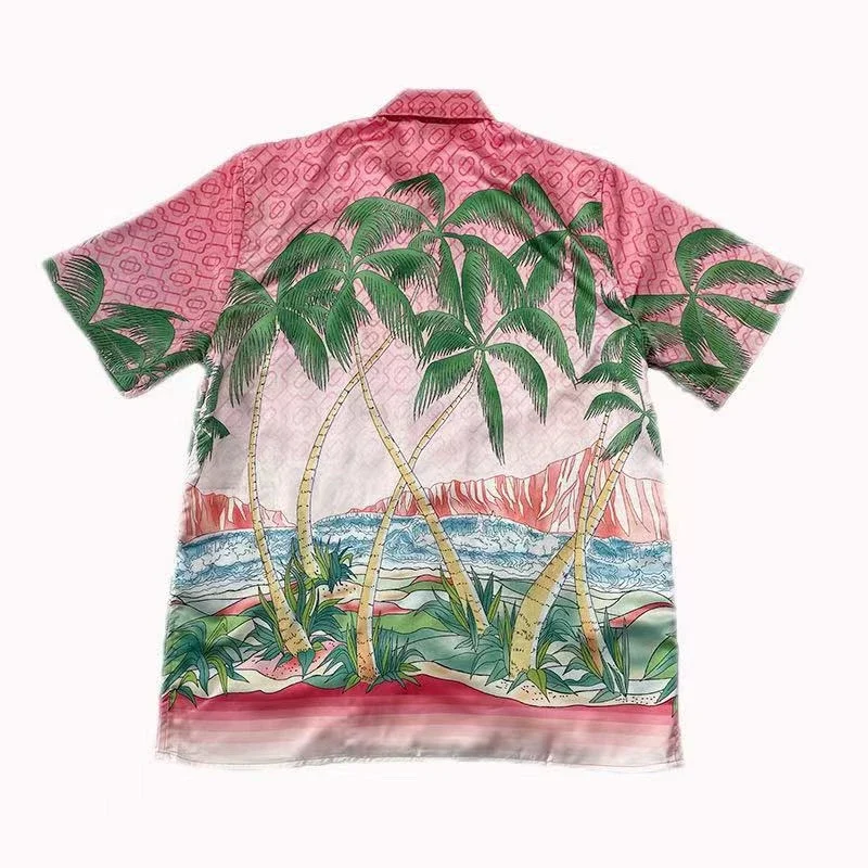 

23SS New Fasion Pink Casablanca Coconut Tree Shirt Men Women Hawaii Beach Silk Shirts