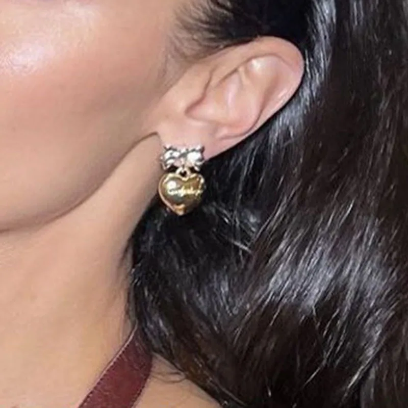 Two tones heart bowknot earrings for women cute kawaii