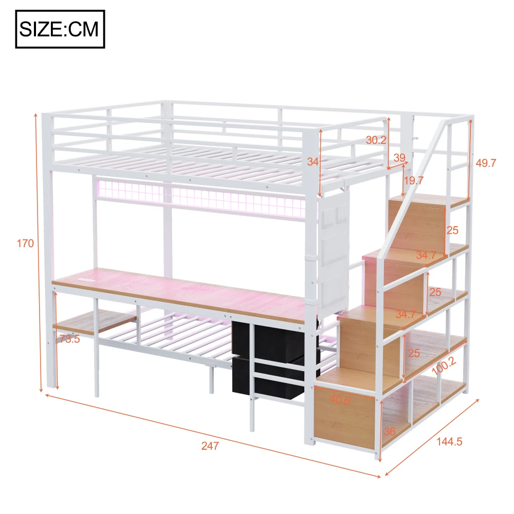 Metall-Etagenbett, Multifunktionsbett mit Schreibtisch, LED, Steckdosen, offenem Stauraum und Stoffschubladen, 140*200 cm und 90*200 cm – Detail 24