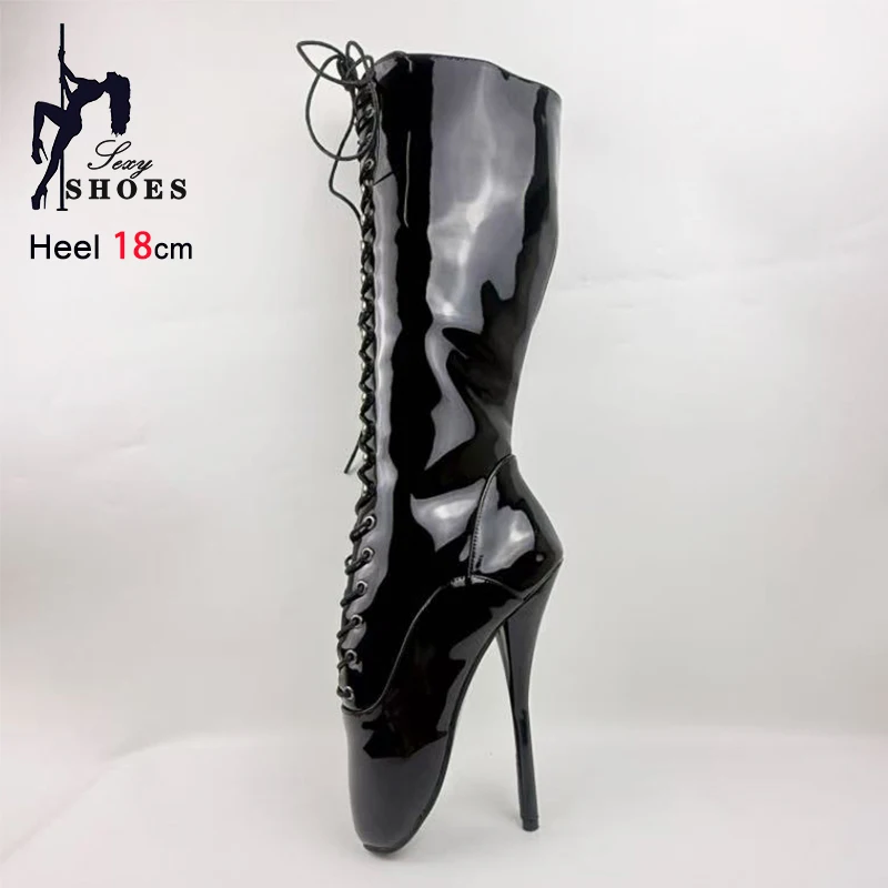 Women 18CM Ultra High heel Black Lace-up Zipper Mid-Calf Boots Plus Size 44 45 46 Sexy Fetish Shoes Woman Stiletto Ballet Boots