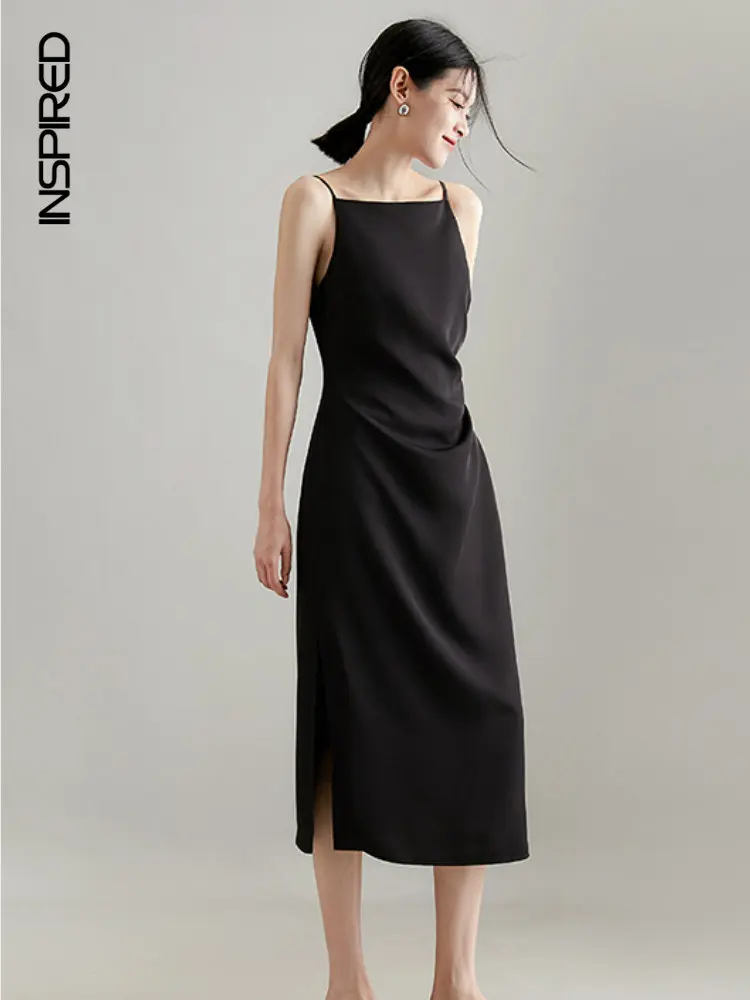

Simple Commuter Suspender Dress Women 2023 Summer Light Luxury Elegant Solid Color Loose Dresses Women Office Party Slit Dress