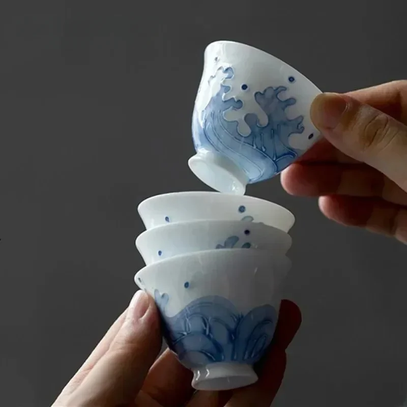 1 Pc Chinese Handmade Ceramic Teacup Travel Personal Meditation Cup Hand Painted Wave Porcelain Tea Bowl Household Tea Set
