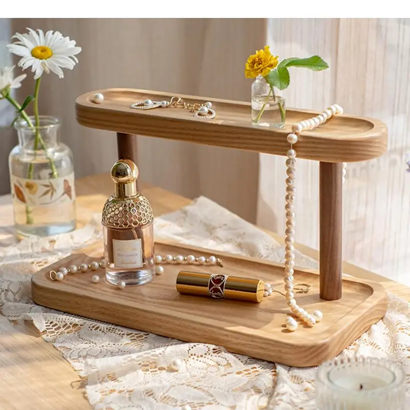 

Wooden Shelf Snack Dessert Storage Racks Double Jewelry Cosmetics Stands Home Display Rack Bathroom Shelves Ring Earring Holders