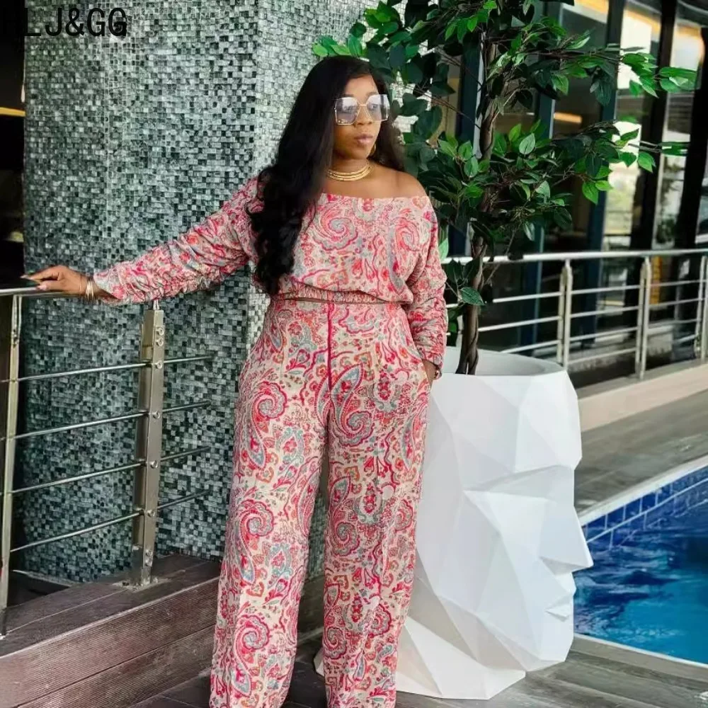 HLJ&GG Fashion Pattern Print Wide Leg Pants Two Piece Sets Women Off Shoulder Long Sleeve Top And Pants Outfits Female Clothing