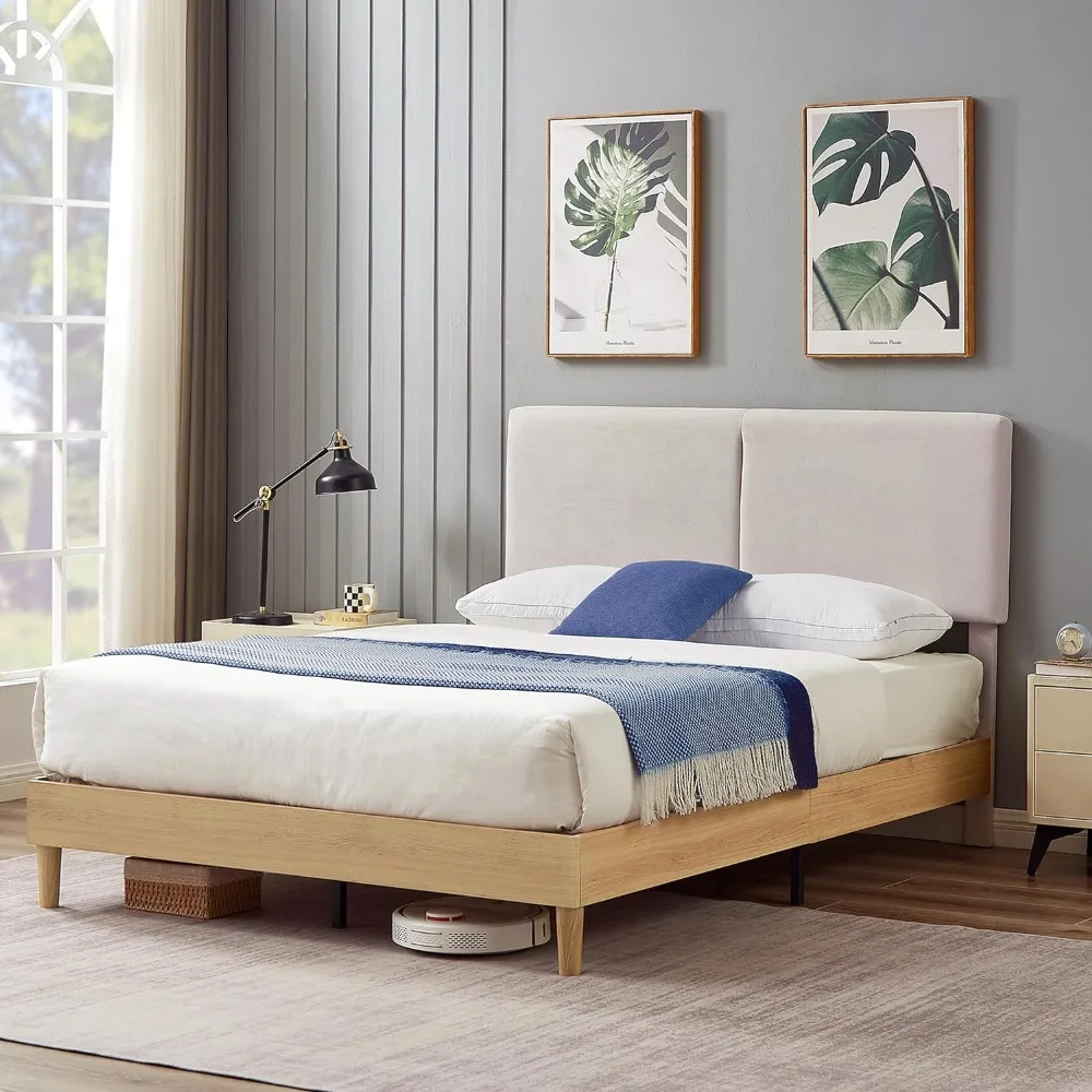 

Queen Bed Frame Upholstered Platform Beds with Height-Adjustable Cotton and Linen Headboard, Heavy Wood Slats,Under-Bed Space