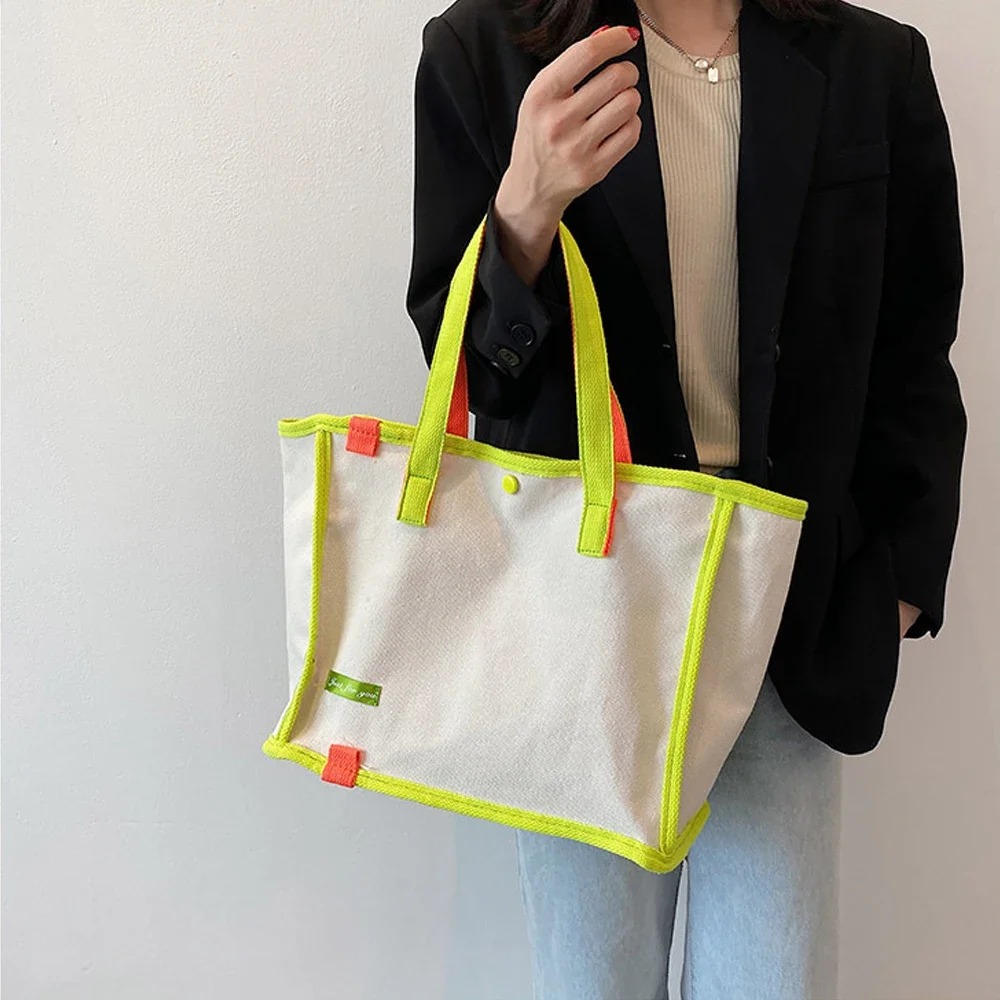 Contrast Canvas Tote Bags Women Fashion Simple Hasp Shoulder Bag Female Casual Versatile Large Capacity Shopping Handbags