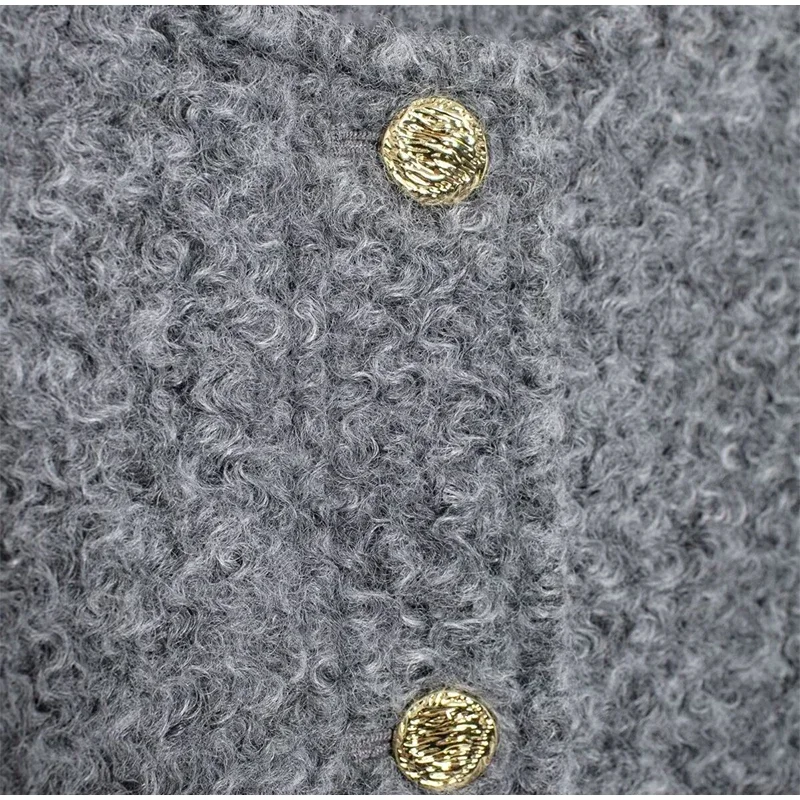 Elegant Woolen Blends Coat For Women O-neck Metal Button Gray Long Sleeve Pockets Jackets Autumn Lady High Street Outwear