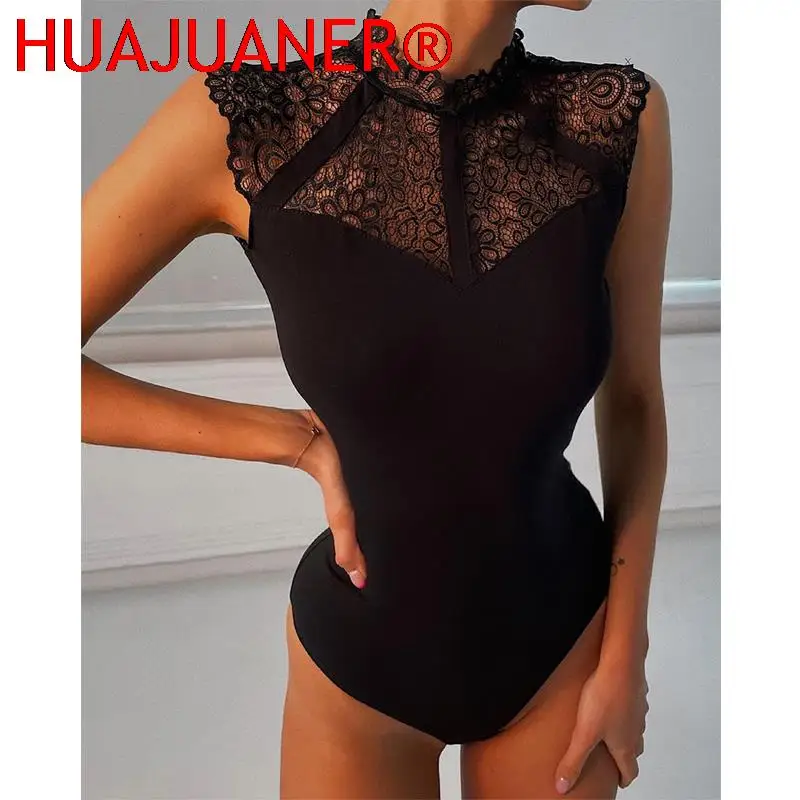 Women Sexy Black Lace Bodysuits Rompers Sleeveless Slinky New Fashion Bodycon Wrap Bodysuit 2