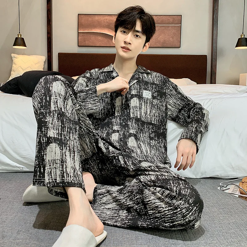 Spring Autumn Men's Cotton Pajamas Lapel Long sleeve Cardigan Pants Oversized Loose Casual Home Clothing Set