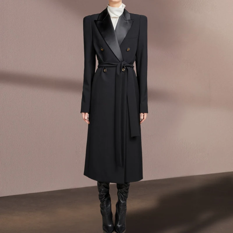 

2023 Spring New In Outerwears High Quality Runway Designer Black Trench Coat for Women Double Breasted Long Blazer Mujer