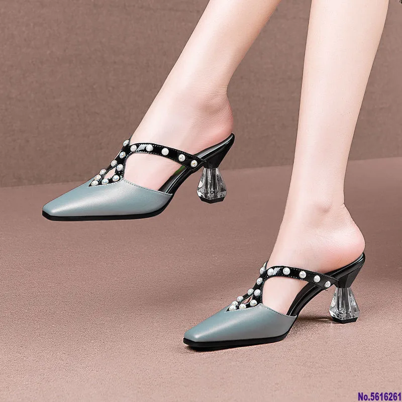 

PU Leather Rhinestone Pearl Designer Slides Elegant Non-Slip Comfortable Square Head Woman Pumps Outdoor Crystal Wedding Shoes
