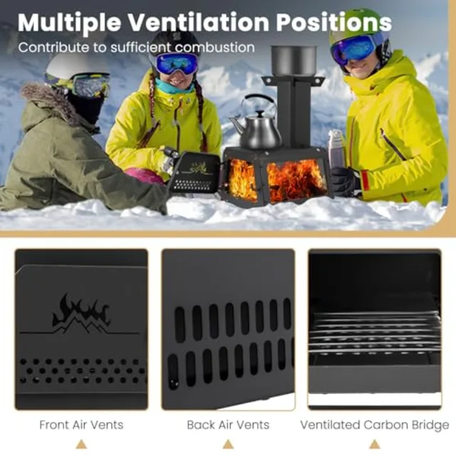 Portable Camping Wood Stove with 2 Cooking Positions Anti-Scalding Door Handle Glass Window Tabletop Fire Pit for Outdoor Cooki 3