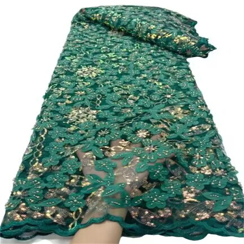 

Роскошная африканская кружевная ткань ручной работы из бисера 2023 зеленая/Золотая Высококачественная французская вышивка нигерийская сетчатая кружевная ткань для шитья