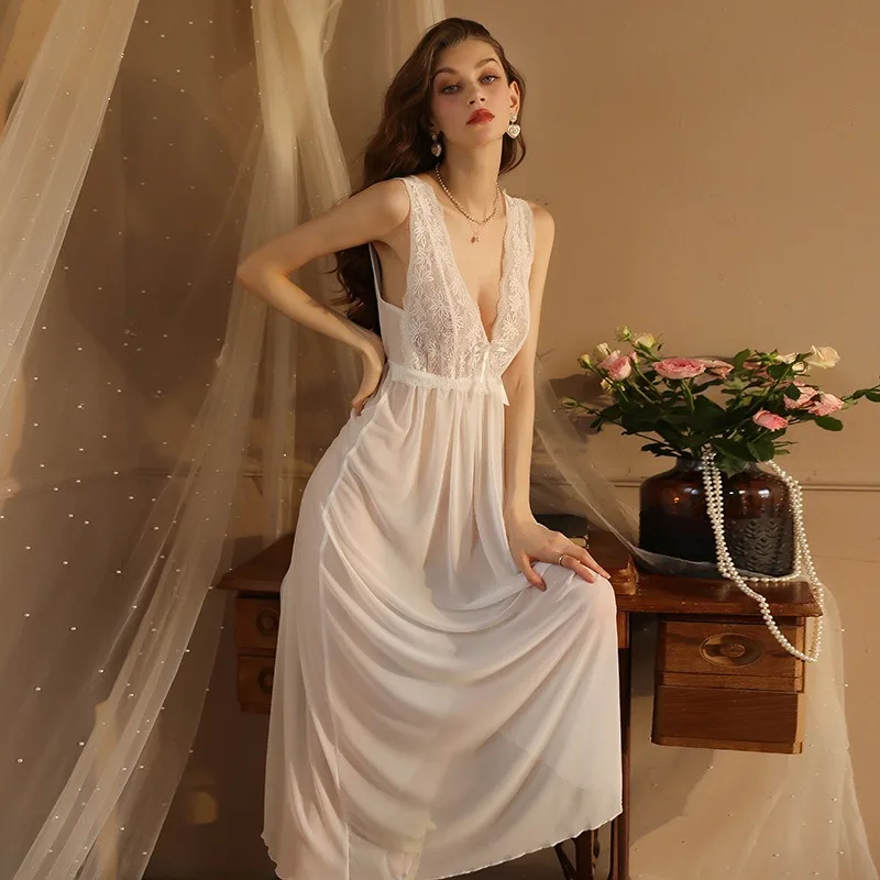 Women's Sexy Lace Suspender Temperament Long Dress Nightdress Pajamas Loungewear