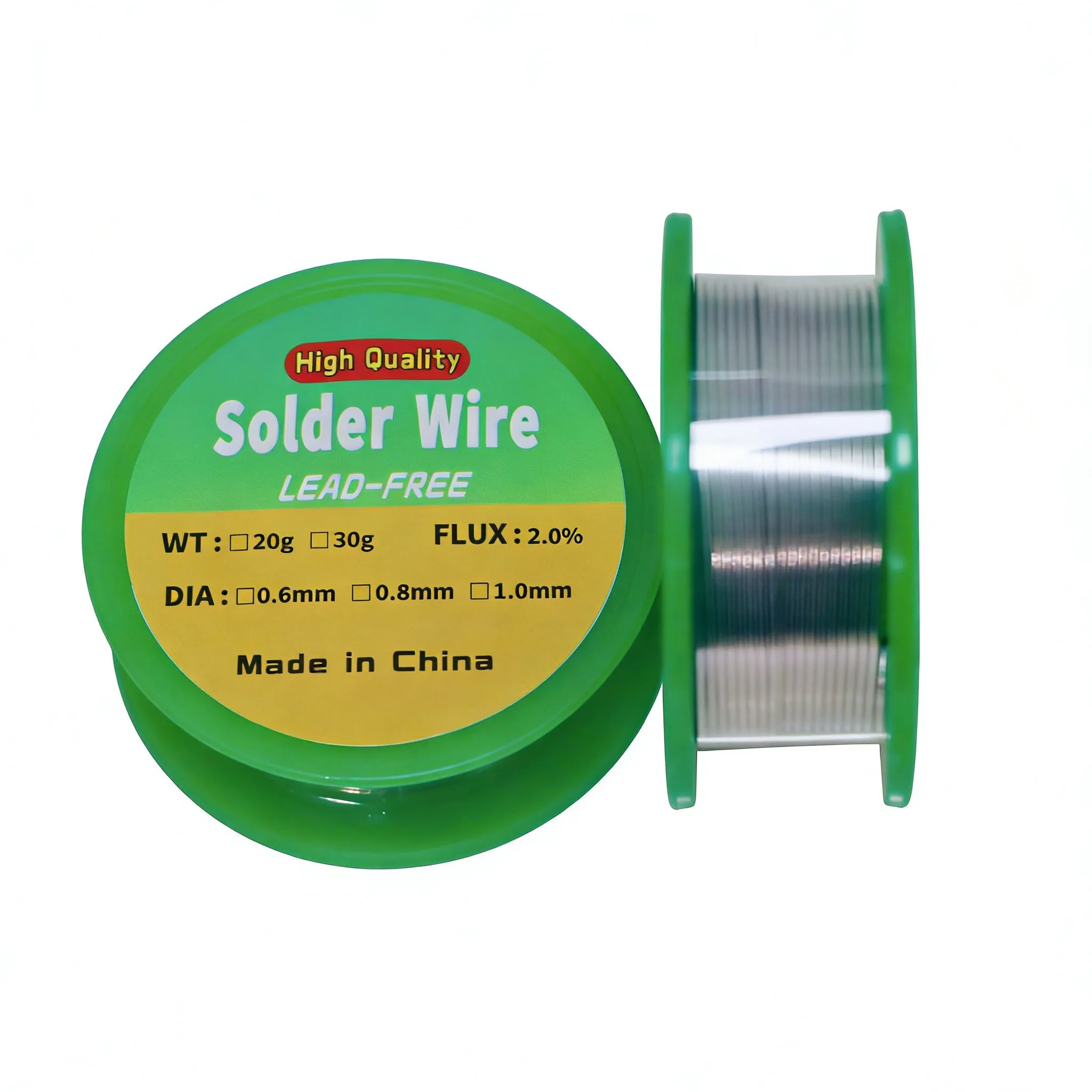 Trois bobines de fil de soudure pour modélisme de 20g, 30g et 50g, diamètres 0.6mm, 0.8mm et 1.0mm.