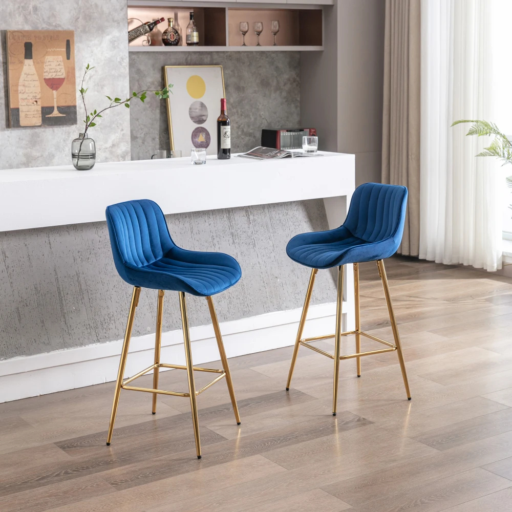 26 Inch Set of 2  Stools,with Steel Frame Footrest Velvet Fabric Golden Leg Simple  Stool,BLUE 6