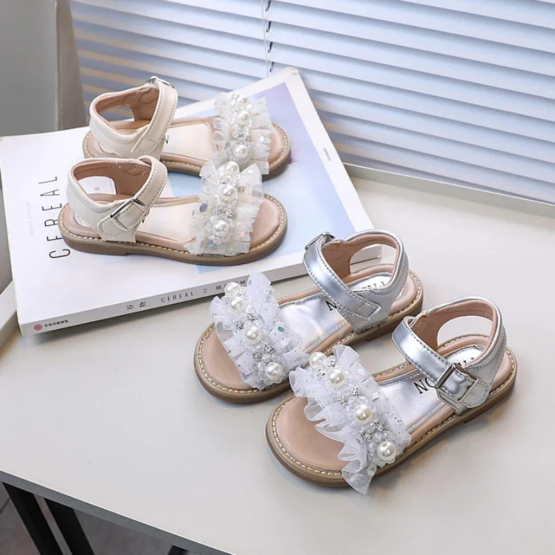 

Summer Kids Sandal Lace Pleated Sandals for Girls Fashion Sequins Pearl Children Causal Princess Open-toe Wedding Flat Sandals
