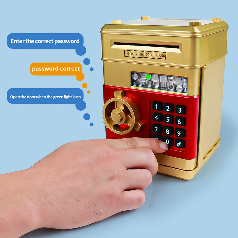 Children's interactive mini ATM bank toy, piggy bank with automatic money reels, secure coin storage and combination lock - age 5