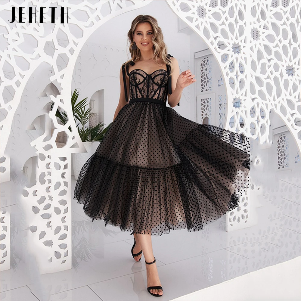 

JEHETH Black Polka Dots Prom Dress For Women Tulle Open Back Bow Straps Lace Sweetheart A Line Evening Party Dresses Tea Length