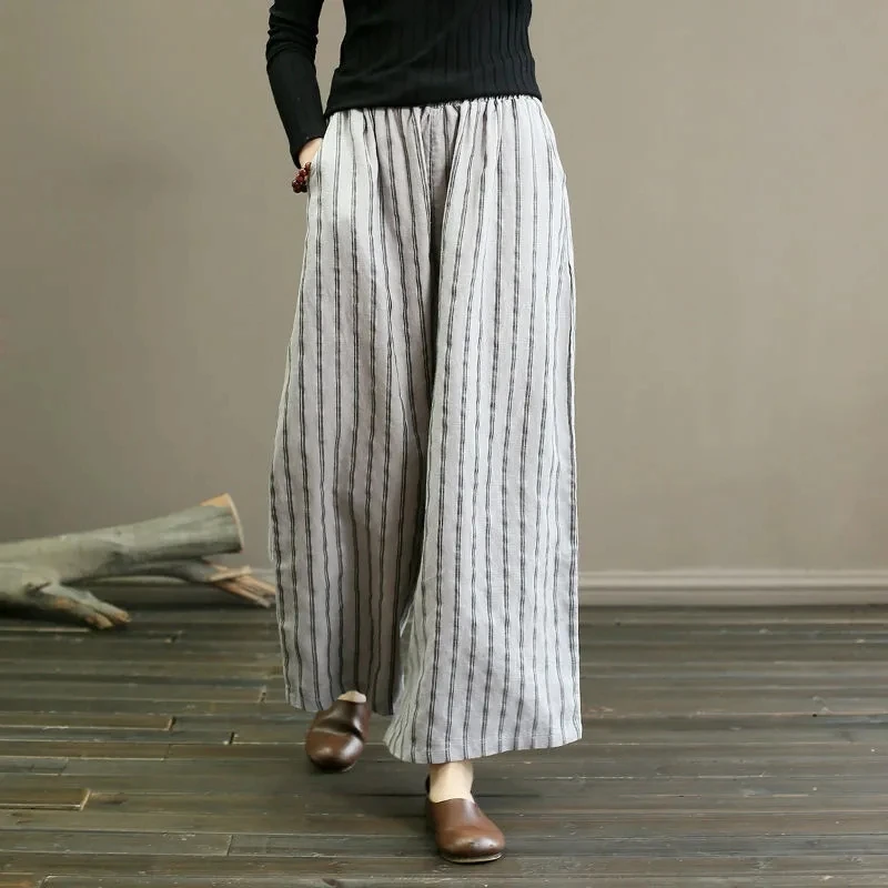 

High Quality Vintage Black Grey Oversized Pants Women Clothing Casual Cotton Linen Pants Striped Leisure Loose Wide Leg Trousers