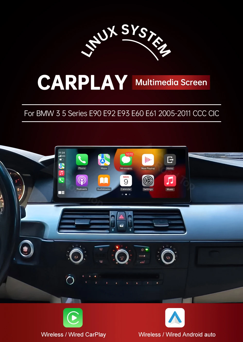 RoadTop DE Lagerbestand 12,3'' Kabelloses CarPlay Linux Ultra-dünner Bildschirm für BMW Serie 3 5 E60 E61 E90 E91 E92 E93 CCC CIC Multimedia-Display Autoradio Touchscreen, Unterstützt Kabelloses CarPlay, Android Auto, Mirrorlink, Behält OEM-Funktionen bei – Detail 1