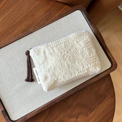Elegant French Vintage Floral Ladies Purse - Makeup Bag and Compact Organizer with Brown Tassel (White 1pc)