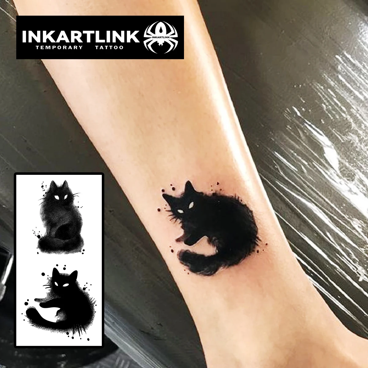 Dark themed kitten Temporary Tattoo,Lasts To 15 Days New Technology Magic Waterproof Semi Permanent Sticker. 2
