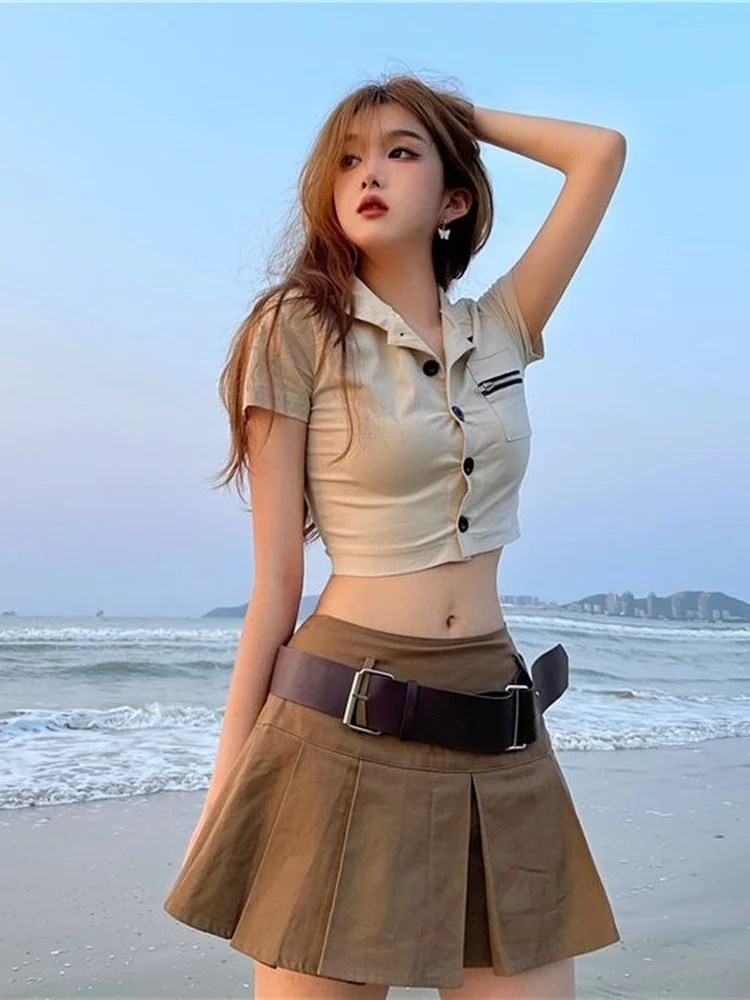 denim skirts for women Women Skirt Sashes Solid Khaki Above Knee Mini Skirts Dropped Y2k Female Bottoms 2022 Trend Summer Sexy Skinny Vintage Clothes pleated skirt