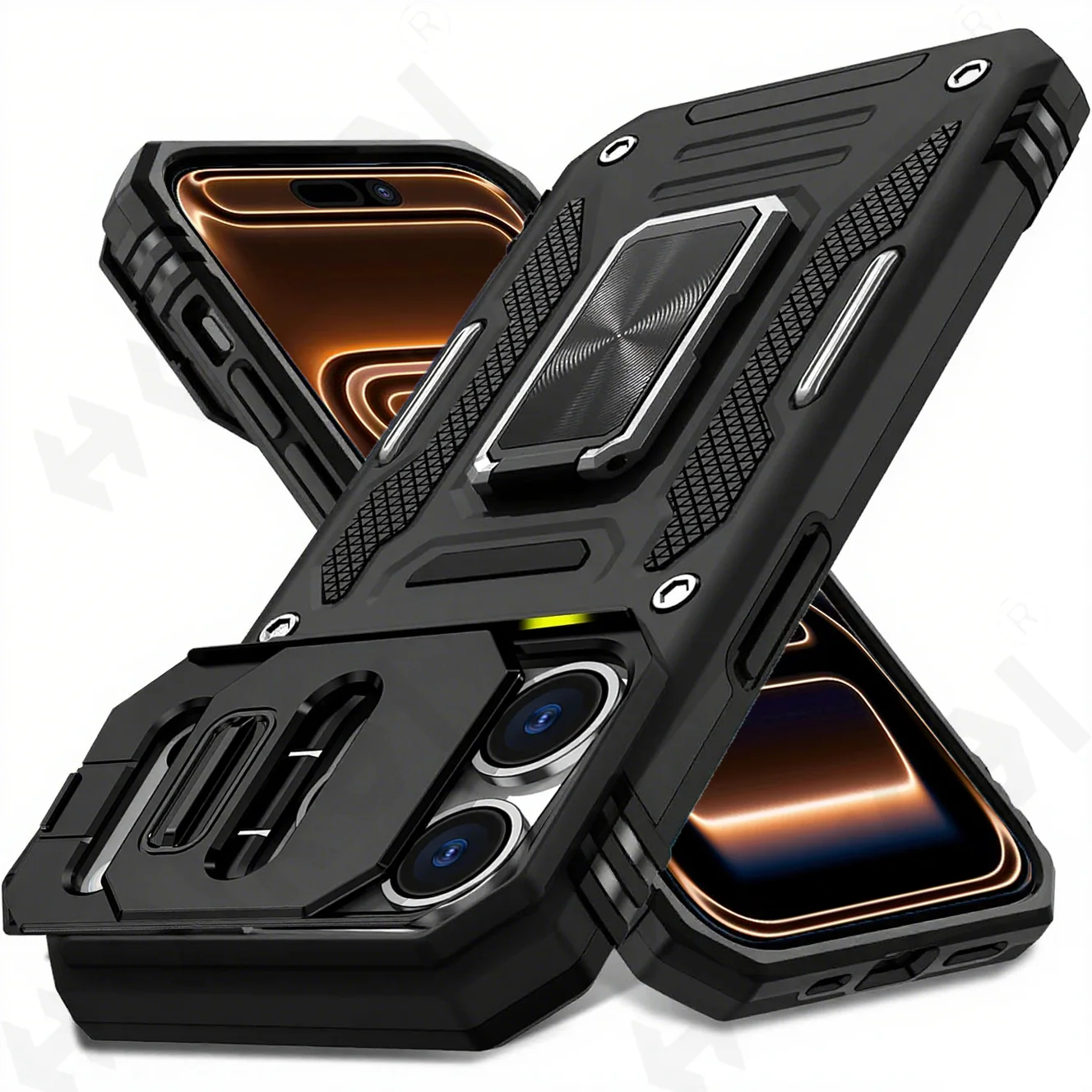 Enhanced Armor Ring Stand Kickstand Case with Slide Camera Cover and Anti-Fall Protection