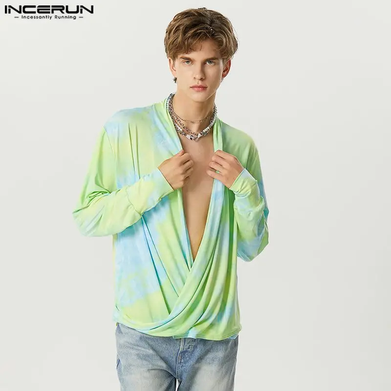 

Men Shirt Tie Dye V Neck Long Sleeve Streetwear Fashion Male Irregular Shirts Sexy 2023 Loose Casual Men Clothing S-5XL INCERUN