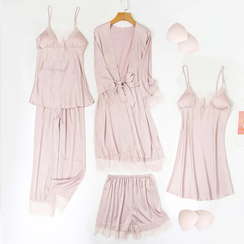 Four Seasons Pajamas Women's Sexy Sleepwear Ice Silk-like Satin Lace Five-piece Set with Chest Pad Nightgown Sling Home Clothes