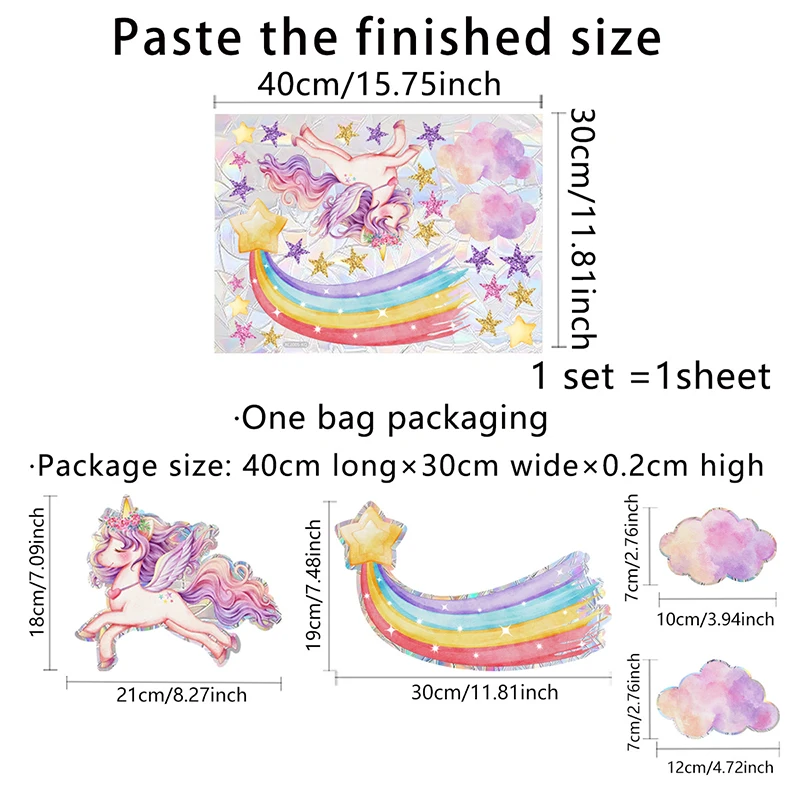 T827#Rainbow Unicorn Star Stickers Colorful Sunlight Electrostatic Stickers Window Glass