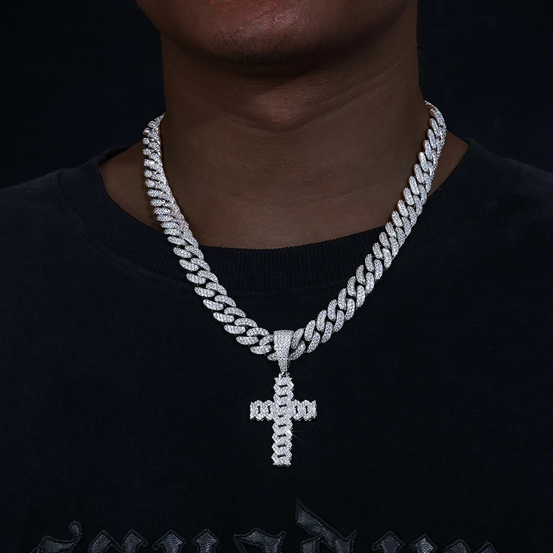 Cuban Chain Necklace with Moissanite Cross Pendant