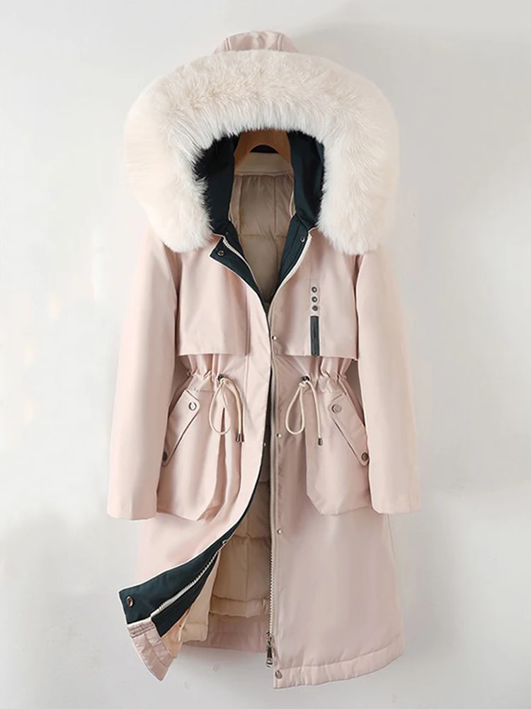 

Winter Cotton Padded Fur Snow Parka Women's Mid Length Wadded Jacket Detachable Inner Plus Size 3XL Overcoat Outerwear