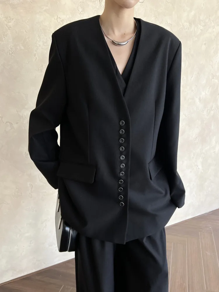 [LANMREM] Minimalism Temperament Blazers For Women V Neck Single Breasted Office Lady Loose Jackets 2024 Autumn New 26D8680