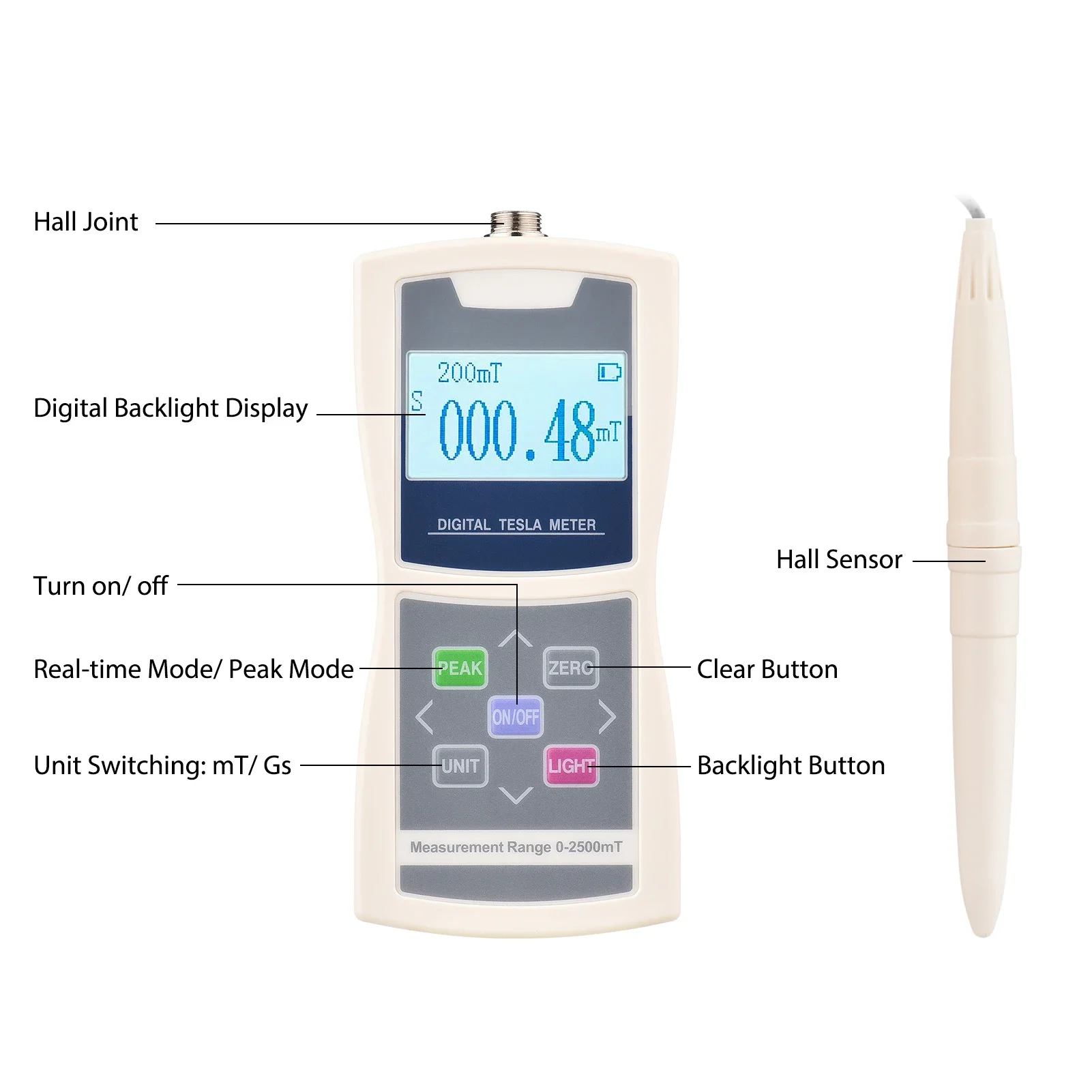 Gaussmeter Digital Tesla Meter 200mT/2000mT Standard Radial Hall Probe High Accuracy Sensitive Surface Magnetic Field Tester 5