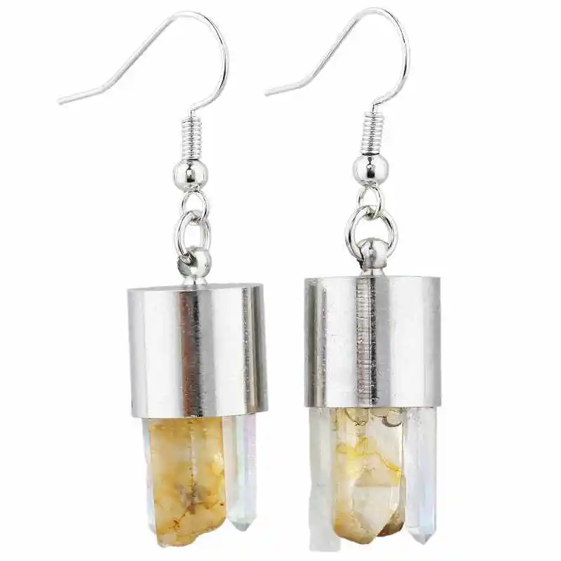 

TUMBEELLUWA Rainbow Quartz Cluster Bar Dangle Earring Titanium Coated Healing Crystal Drop Charms Silver Color Hook Earrings