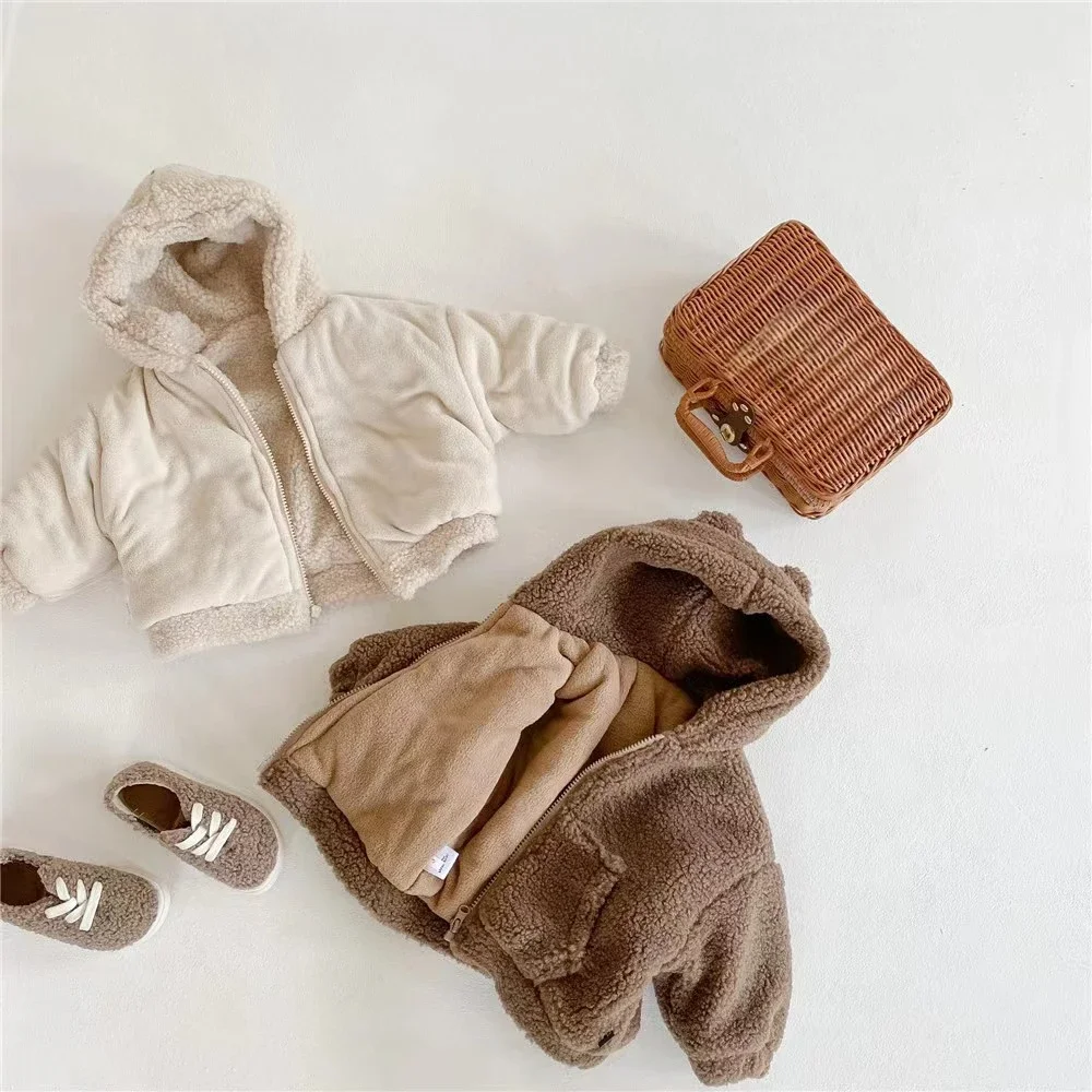 Winter Boys and Girls Thickened Coat Korean Version of Baby Clothing Cartoon Kids Lamb Wool Warm Hooded Cotton Jacket